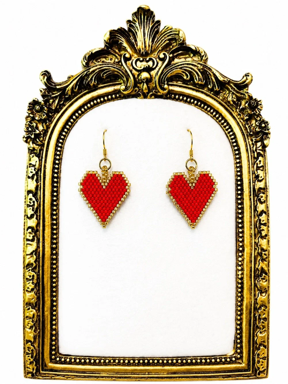 Handmade Red Heart Beaded Drop Earrings - Gold Trim